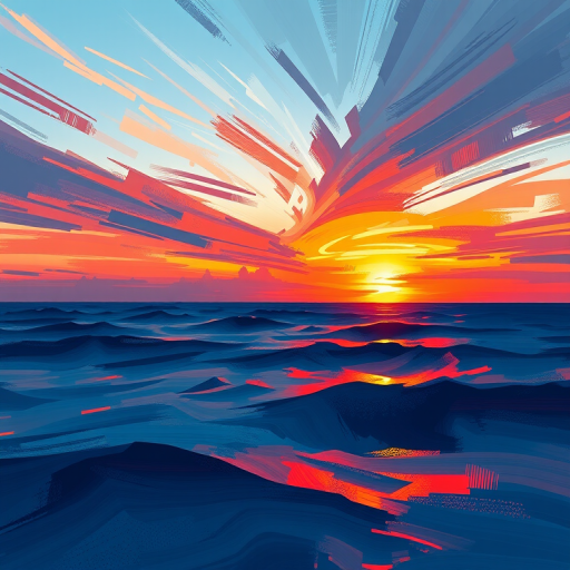 Generate an abstract painting of a sunset over the ocean with vibrant colors, featuring bold brush strokes and dynamic reflections on the water, captured in a panoramic view using a DSLR camera at f/8, 1/250 sec, ISO 100, with a wide-angle lens for enhanced depth and detail.