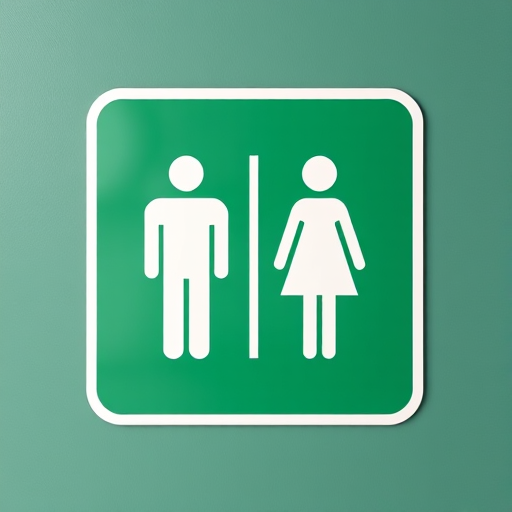 Design a restroom sign featuring a stylized male and female figure on a green background, using a Canon EOS R5 with a 50mm lens at f/2.8, ISO 100, shot from eye level with a minimalistic style for clarity and visibility.