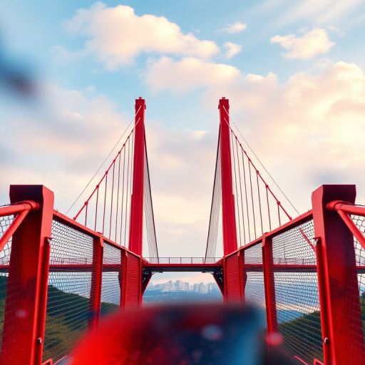 Create a high-resolution watercolor painting of a suspension bridge with vibrant red hues, set against a dramatic sky with soft clouds, using a Canon EOS R5, 50mm lens, f/2.8 aperture, ISO 100, and a shutter speed of 1/200 sec for enhanced clarity and depth.