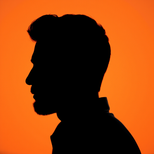 Create a minimalistic portrait of a man in profile silhouette against a soft orange background, incorporating a single leaf held gently in his side view, using a DSLR camera with a 50mm lens, f/1.8 aperture, ISO 100, and soft natural lighting to enhance details and focus.