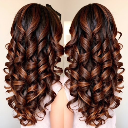 Luscious chocolate brown curls styled in the "Cocoa Cascade" fashion tumble down her back in voluminous ringlets, interspersed with caramel highlights and a subtle ombre effect
