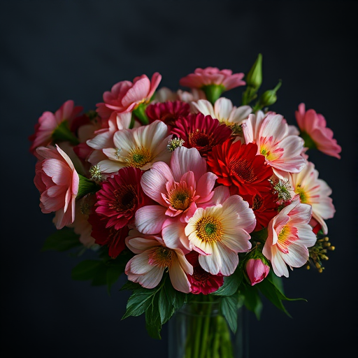 A lush bouquet of mixed flowers featuring soft pink, red, and cream blooms, arranged artfully against a dark, moody background, shot with a Canon EOS R5 at f/2.8, ISO 100, 85mm lens, in soft focus for a painterly effect.