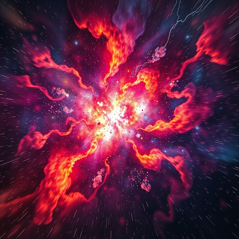 cosmic explosion in space with vibrant colors, high contrast, deep space background, wide-angle view, 50mm lens, f/2.8 aperture, ISO 100, long exposure, HDR imaging, digital art style