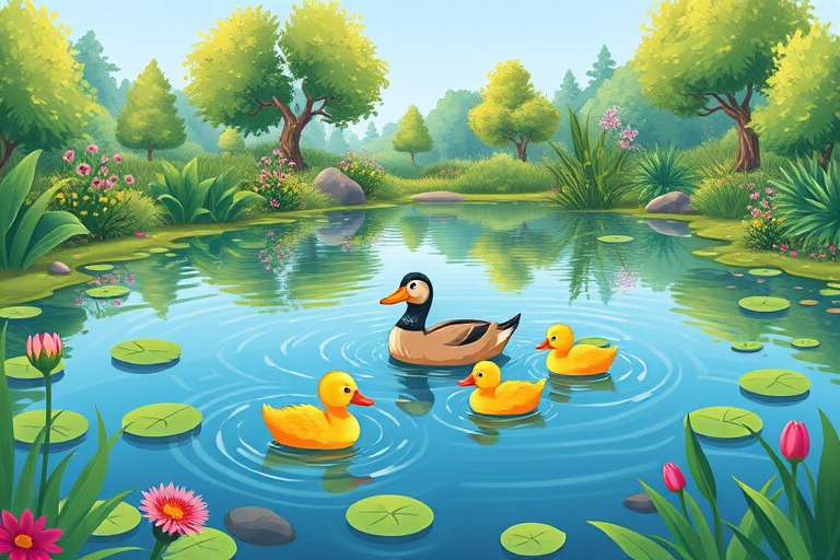 create a vibrant cartoon-style illustration of a pond scene with a mother duck and three ducklings swimming, surrounded by lush green trees, plants, and flowers, captured with a DSLR camera at f/8 aperture, 24mm lens, ISO 100, using a wide-angle perspective to enhance image quality and depth.