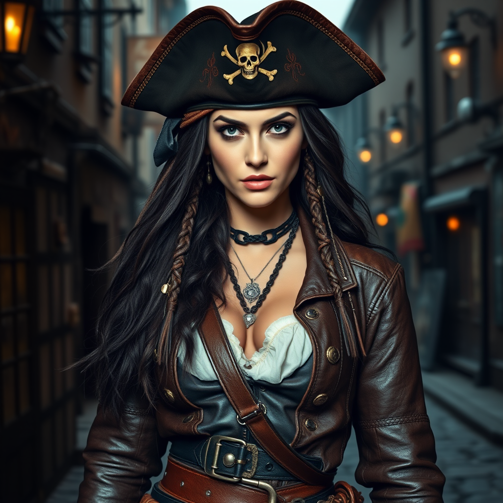 Create a portrait of a fierce female pirate. She wears a leather tricorn hat adorned with a skull and crossbones emblem, and her long, dark hair flows around her face. Her outfit consists of a richly detailed leather jacket, a corset, and multiple layers of belts and accessories, giving her a formidable and stylish appearance. She stands confidently in a dimly lit, historic port town, with a backdrop of weathered buildings and cobblestone streets, capturing the adventurous spirit of a pirate.