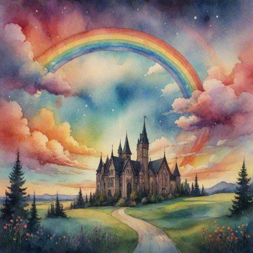 A whimsical and surreal sky with a vibrant rainbow, featuring dramatic lighting effects and a textured watercolor background, with a touch of gothic aesthetic.
