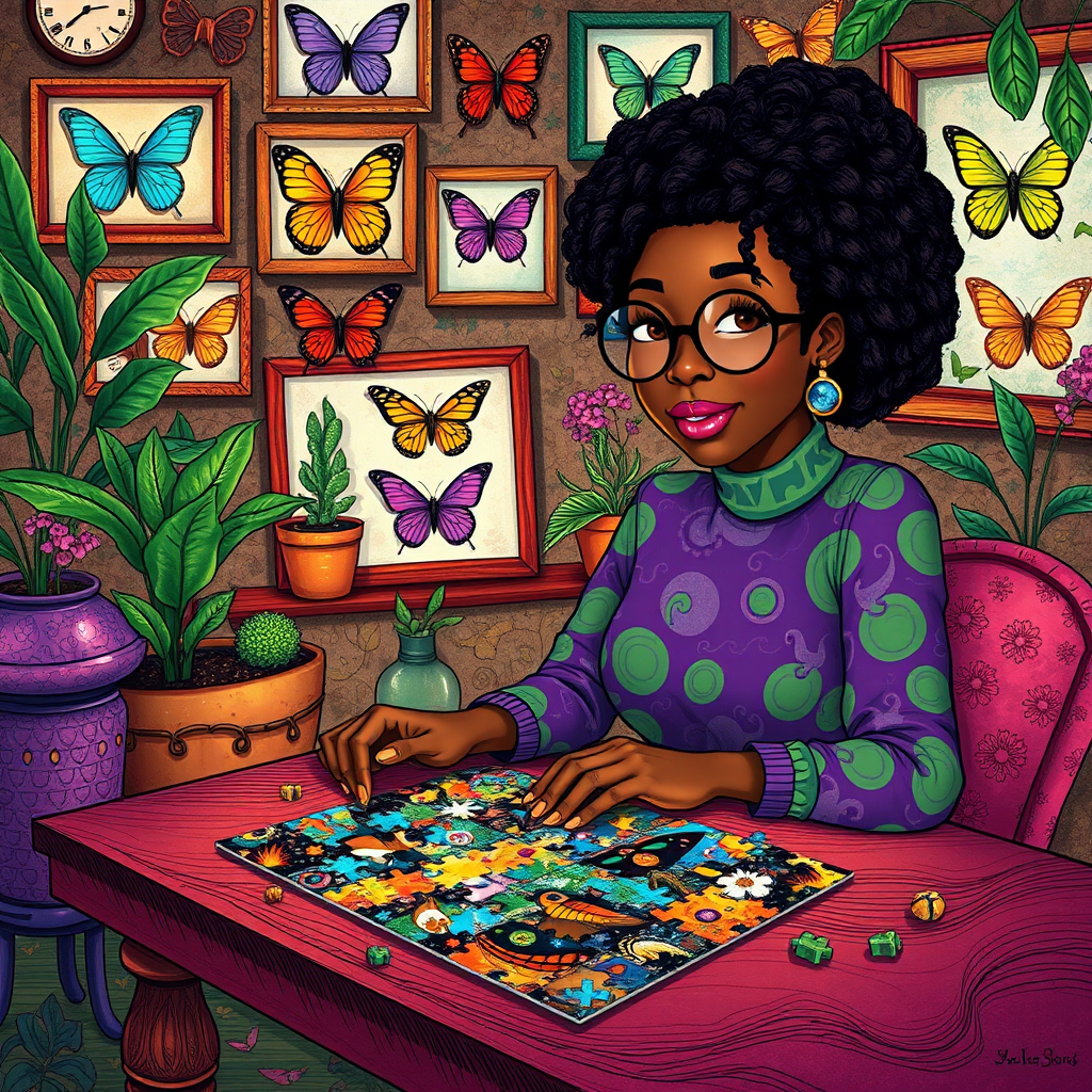 A vibrant and whimsical illustration of an african american woman sitting at a table working on a colorful jigsaw puzzle. she is wearing round glasses, and patterned clothing in shades of purple and green.  The background features an eclectic collection of framed butterflies, potted plants, and other natural elements, creating a warm and inviting atmosphere. The style is playful and modern, with rich textures, intricate details, and a lively color palette.