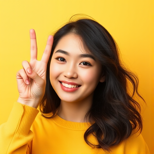 Generate a high-resolution vector illustration of a young woman making a peace sign with her hand, set against a solid yellow background, using a Canon EOS R5 with a 50mm f/1.2 lens, ISO 100, aperture f/2.8, and a soft lighting setup for a natural look.