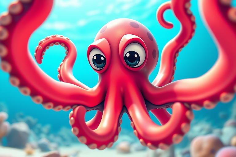 Generate an image of a cartoon octopus with exaggerated features and bright colors, using a high-resolution digital art style, shot from a low-angle perspective, with vibrant lighting and crisp details, simulating a DSLR camera setup at f/8, ISO 100, and a shutter speed of 1/200s.