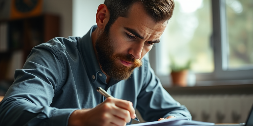 Create a portrait of a man with a beard and short hair, wearing a button-up shirt, concentrating while writing with a pen on paper, shot with a Canon EOS R5, 85mm lens, aperture f/2.8, ISO 100, in soft natural light, with a slight bokeh effect in the background.