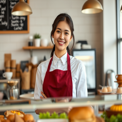 portrait of a young woman in a cafe wearing a white shirt and maroon apron with a warm smile behind a counter displaying food, 50mm lens, f/1.8 aperture, ISO 200, soft natural lighting, shallow depth of field, DSLR camera