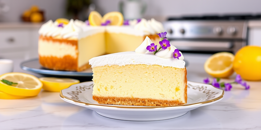 A beautifully presented slice of lemon meringue cheesecake on a decorative plate with a whole cheesecake in the background garnished with small purple flowers and lemon slices, captured in a bright and inviting kitchen setting.