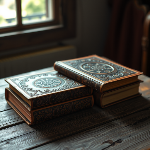 Vintage leather-bound books with intricate designs on a distressed wooden table, natural light streaming through a window, shot with a Canon EOS R5, 50mm f/1.2 lens, aperture f/2.8, ISO 100, shallow depth of field, soft focus background.
