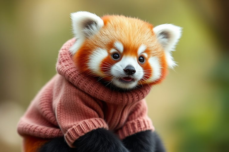 Red panda cub wearing a cozy sweater, sitting cutely, soft focus background, natural lighting, capture with a Canon EOS R5, 50mm f/1.2 lens, aperture f/2.8, shutter speed 1/250s.