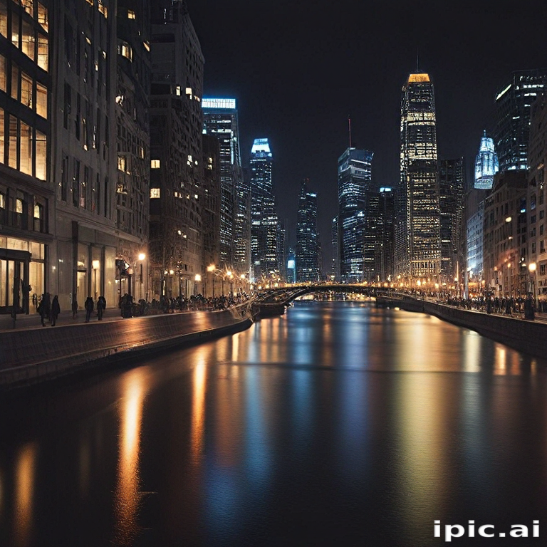 Stunning Nighttime Cityscape Reflecting on a Calm River in Urban Landscape.