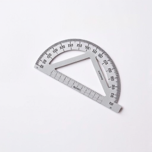 Create a high-resolution image of a protractor on a white background, using a Canon EOS R5 with a 50mm f/1.8 lens, aperture set to f/4, ISO 100, and a shutter speed of 1/125s, with a slight overhead view and soft diffused lighting to enhance details.