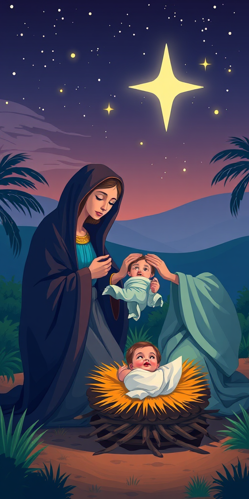 Regenerate a digital illustration of a nativity scene with Mary, Joseph, and baby Jesus in a stylized landscape, using a Canon EOS 5D Mark IV, 50mm lens, f/2.8, ISO 100, night mode, and vibrant color palette for enhanced clarity and depth.