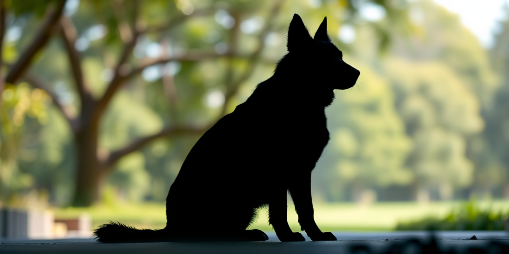 Generate a high-resolution image of a black silhouette of a dog sitting, captured from a low angle with a 50mm lens at f/1.8, ISO 100, in natural light to enhance contrast and detail.