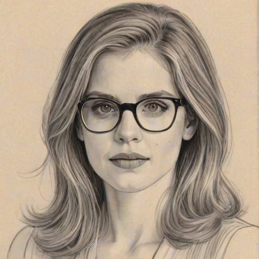 Enchanting Anna Chlumsky, pencil sketch, portrait of Exquisite woman 1976s in glasses, hair style beatnik, outline, clear lines, fine lines, 8k