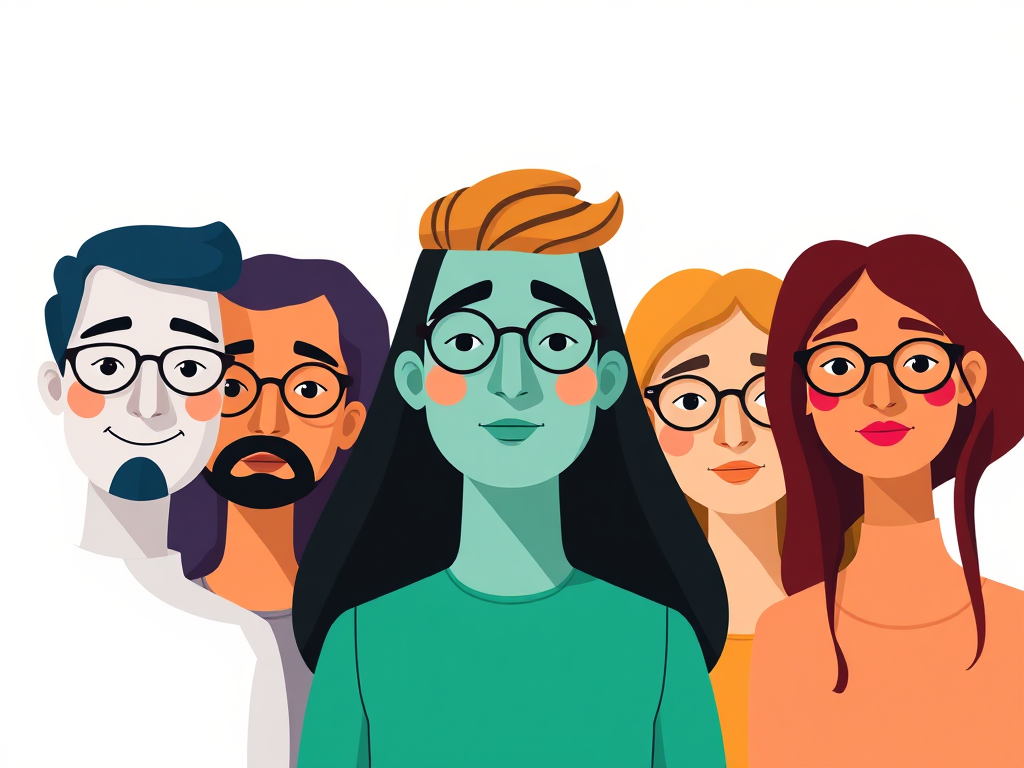 Create a high-resolution illustration of a diverse group of five abstract characters, using flat design with soft shadows and bright colors, viewed from a straight-on perspective, simulating a 50mm lens on a digital camera, set at f/2.8 for a slightly blurred background effect.