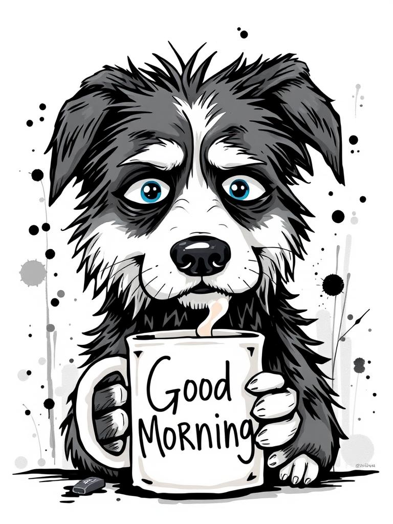 A quirky, artistic illustration of a disheveled greater swiss mountain dog with exaggerated, large eyes and spiky fur, holding a coffee mug that reads "Good Morning". The dog has a tired but humorous expression, with ink splatters and abstract details surrounding it, giving a whimsical feel to the image. The color palette is mostly monochrome with hints of blue in the eyes and steam rising from the mug, enhancing the overall sleepy vibe