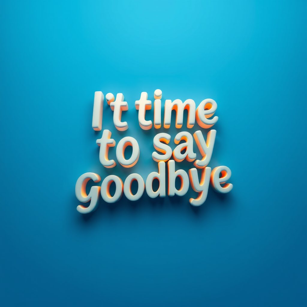 Create an image of swirling, three-dimensional letters that say "It's time to say goodbye" against a gradient blue background, using a Canon EOS R5 with a 50mm lens at f/2.8, ISO 100, and a wide-angle view to enhance depth and clarity.