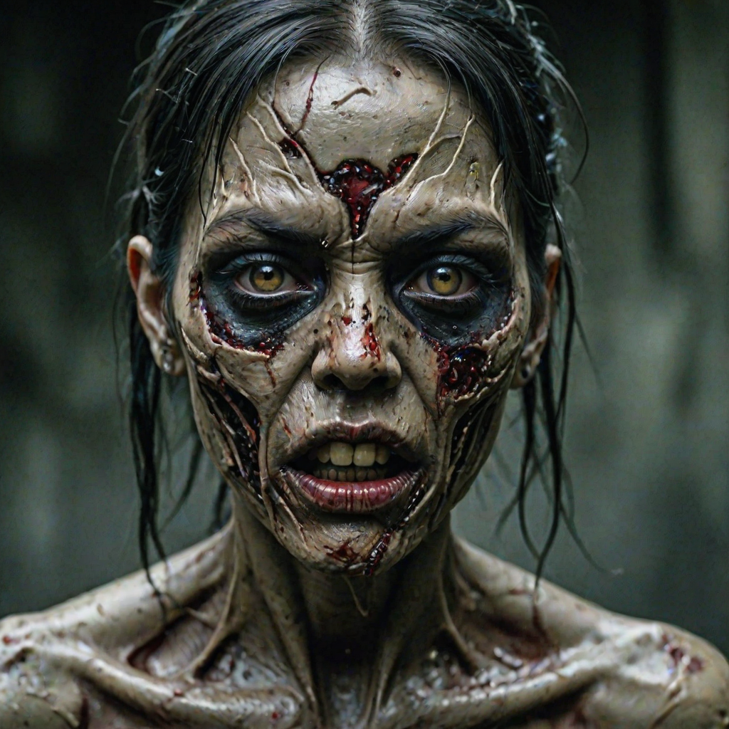(perspective) of A creepy (ethnicity) zombie cyborg with (descriptive color) skin, (color) lipstick (color) liquid flowing from her eyes and mouth, (perspective two) portrait, (camera angle), extremely detailed, (art style) in the style of Yoshitaka Amano and Tetsuo Hara. --ar 85:128 --style raw --niji 6