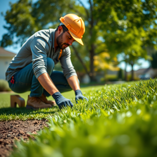 capture a landscaper installing sod on a sunny day with a shallow depth of field, using a Canon EOS R5, f/2.8 aperture, ISO 100, 1/500s shutter speed, 24mm lens, side view for dynamic perspective and enhanced details.