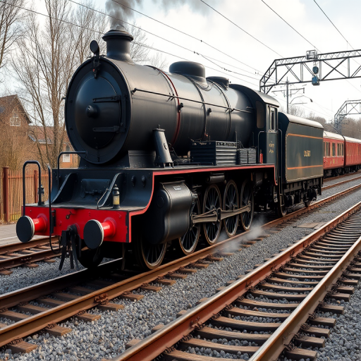 vintage steam locomotive on railway tracks, captured with a Canon EOS 5D Mark IV at f/8, ISO 100, 1/500s, using a wide-angle lens in natural light for enhanced detail and clarity