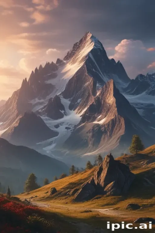 Majestic Mountain Landscape at Sunset with Lush Green Valleys and Peaks.