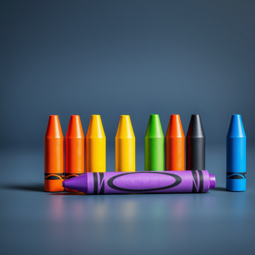 Create a high-resolution image of six colorful crayons arranged in a row, with vibrant colors like red, orange, yellow, green, blue, and purple, using a DSLR camera set to 50mm focal length, aperture f/2.8, ISO 100, and soft natural lighting for an enhanced visual effect.