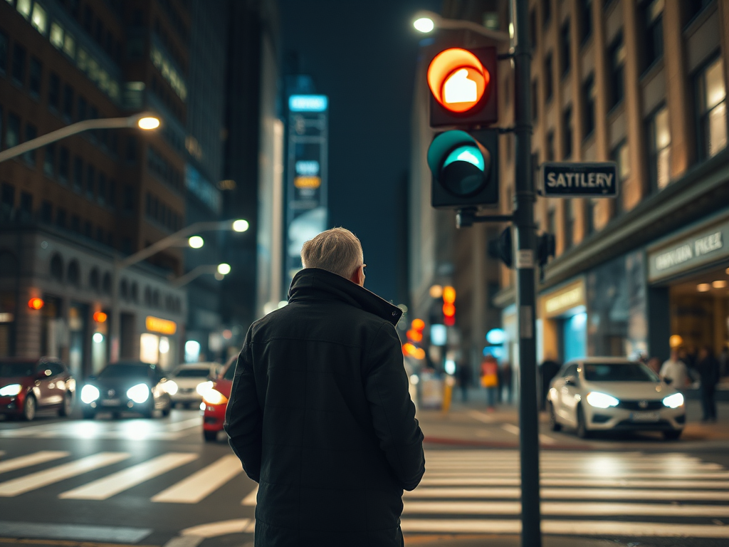 capture a city street at night with a person in a black coat waiting at a traffic light, use a slow shutter speed of 2 seconds for light trails, aperture set to f/8 for depth of field, ISO 100 for clarity, wide-angle lens at 24mm, tripod for stability, ensure vibrant colors and sharp details in a bustling urban environment