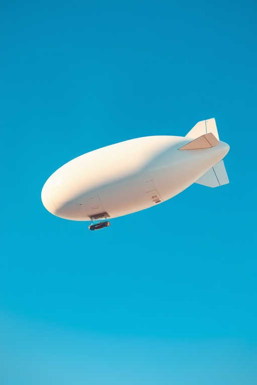 Create a detailed illustration of a blimp floating in a clear blue sky, using a DSLR camera with a 50mm lens, aperture set to f/2.8, ISO 100, shot from a low angle view to emphasize the blimp's size, with vibrant colors and sharp focus.