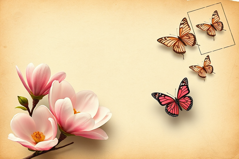 Create a vintage postcard design featuring soft pink magnolia flowers and delicate butterflies in the corner, with a textured, aged paper background, using a DSLR camera with a 50mm lens at f/2.8, ISO 100, and a soft focus effect for enhanced image quality, taken from a top-down view.