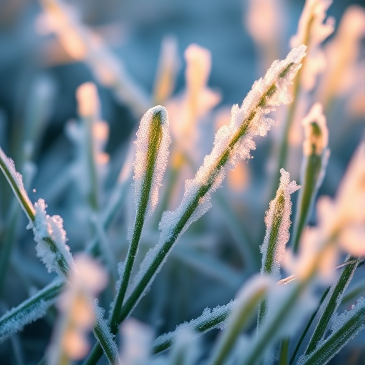 High-resolution, close-up of frost-covered grass blades in the early morning, tiny crystals catching the first light of dawn, with soft shades of blue and pink reflecting off the ice.