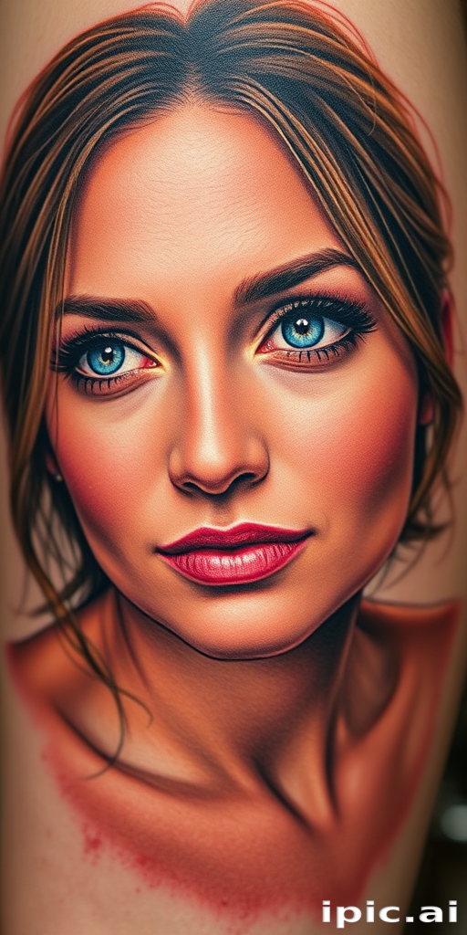 Photorealistic color portrait tattoo capturing the essence of a loved one, showcasing lifelike skin tones, expressive eyes, and intricate details that bring the image to life