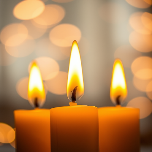 regenerate a close-up image of three burning candles with soft bokeh lights in the background, using a Canon EOS R, 50mm lens, f/1.8 aperture, ISO 200, 1/100 sec shutter speed, with a warm golden hue and focus on the candle flames.