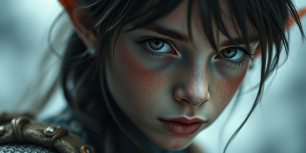 highly detailed portrait of a mysterious elven character, soft lighting, 85mm lens, aperture f/1.8, ISO 100, shallow depth of field, captured with a DSLR camera, vibrant skin tones, textured hair, dramatic focus on eyes, cinematic style