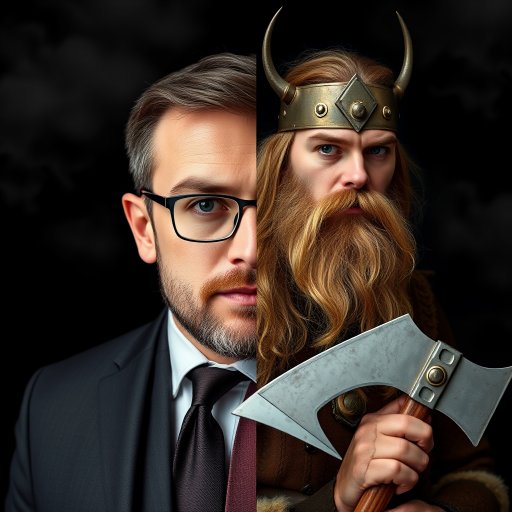 a combination of two pictures of a man in two completely different outfits and makeups. seamless stitched together vertically exactly over the middle of his face. exact same eye level on both sides. The left side shows him as a business person, without beard, wears suit, tie and glasses. The right side of him is wearing no glasses, long hair and beard and is dressed like a viking with a battle axe in his hand. The background is continuously dark with some smoke over both sides. --no visible lines or seams between both sides of the picture