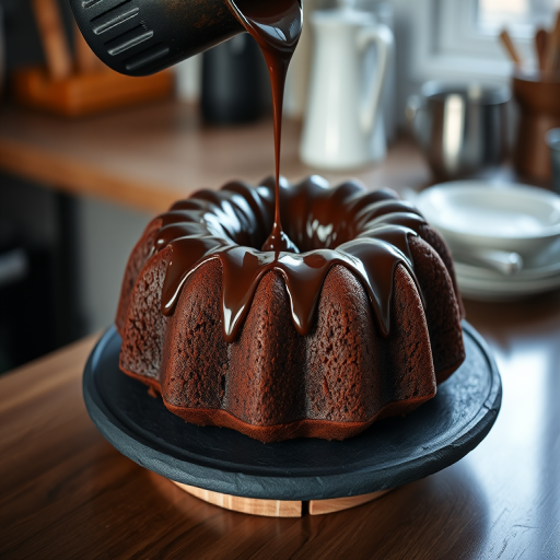 A close-up shot of a rich chocolate bundt cake on a dark slate plate, with warm chocolate ganache being poured over the top, soft natural lighting with a shallow depth of field, using a Canon EOS R5, ISO 100, f/2.8, shutter speed 1/100 seconds, capturing a cozy and inviting kitchen atmosphere.