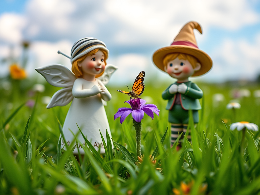 create a vibrant outdoor scene featuring two charming garden figurines, one angelic with wings and a striped hat and the other a whimsical child in a hat, surrounded by a lush green field with a butterfly hovering above a purple flower, shot with a DSLR camera at f/2.8, ISO 100, 50mm lens, natural lighting with a slight blue sky and fluffy clouds in the background