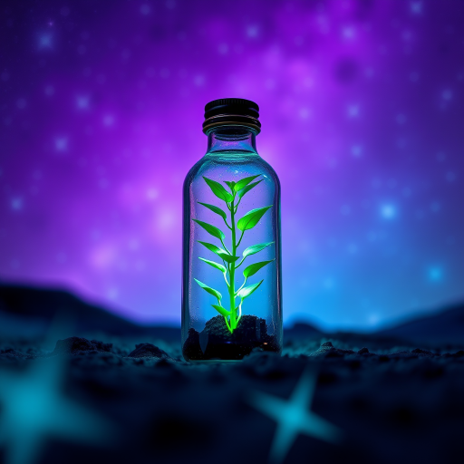 Create an image of a glass bottle containing a glowing plant in a cosmic landscape with vibrant purple and blue hues, with a shallow depth of field, f/1.8 aperture, 50mm lens, and a low-angle view to emphasize the plant and the surrounding stars.