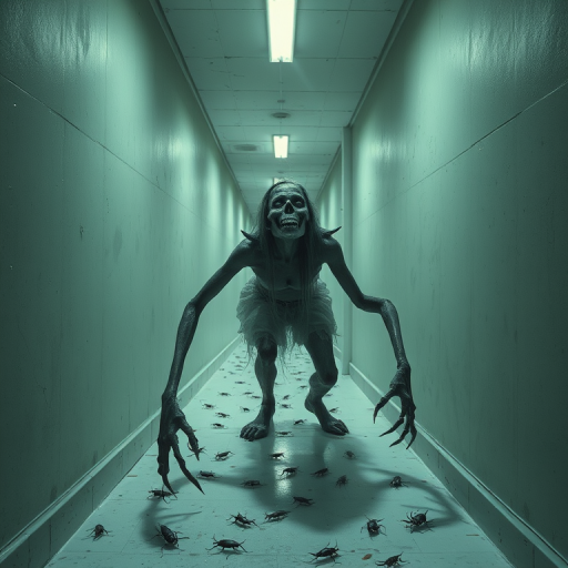 a crooked female with long arms and a creepy smile is crawling along a long white corridor and you can also see cockroaches in it there is a creepy atmosphere creepy art style