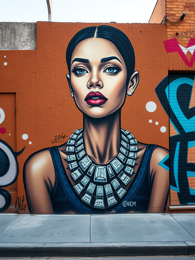 Create a high-resolution image of an urban street art mural featuring a portrait of a woman with striking features, wearing a statement necklace, situated against a textured brown wall, captured with a DSLR camera, 50mm lens, f/1.8 aperture, ISO 200, natural lighting, shallow depth of field.