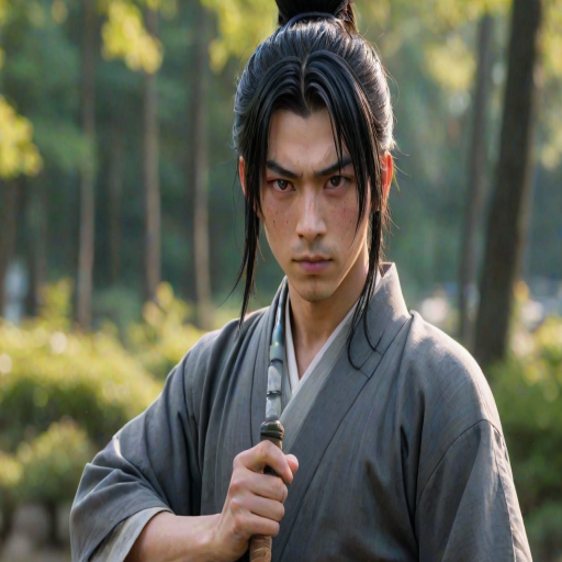 i want the whole image to be created in 3D anime style, solo, long hair, looking at viewer, black hair, red eyes, 1boy, jewelry, closed mouth, upper body, ponytail, weapon, male focus, earrings, outdoors, japanese clothes, sword, kimono, mole, blurry, blurry background, scar, katana, scar on face, haori