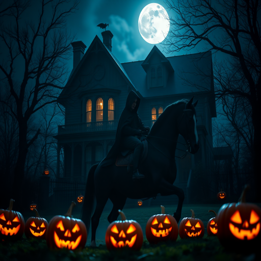A dark, atmospheric scene featuring a hooded figure on a black horse riding past a spooky Victorian house, illuminated by the moon with glowing jack-o'-lanterns in the foreground, captured with a Nikon D850, 50mm lens, f/2.8 aperture, ISO 100, and a long exposure for enhanced detail and vibrant colors.