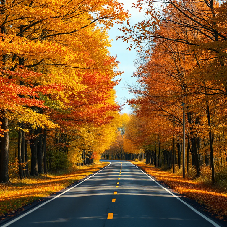 autumn road with vibrant orange and yellow trees lining both sides, soft natural lighting, captured with a DSLR camera, f/5.6 aperture, ISO 100, 50mm lens, shallow depth of field, landscape orientation, high resolution