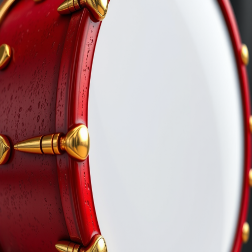 create a highly detailed 3D rendering of a red drum with golden accents and realistic texture, camera settings: f/1.8 aperture, ISO 100, shutter speed 1/60, camera view: close-up, camera style: HDR, camera type: DSLR, ensure enhanced lighting and shadow effects
