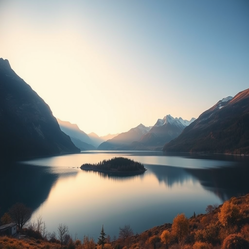 Generate a high-resolution image of a serene landscape featuring a calm lake surrounded by mountains during sunrise, captured with a DSLR camera at f/11, ISO 100, 1/60s shutter speed, wide-angle view, natural lighting, and vivid colors.