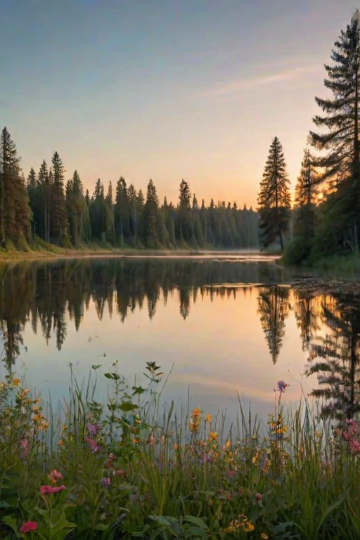 Soft-focus image of a peaceful lakeside at sunset, with soft reflections of the sky in the water, surrounded by tall trees and wildflowers along the shore.